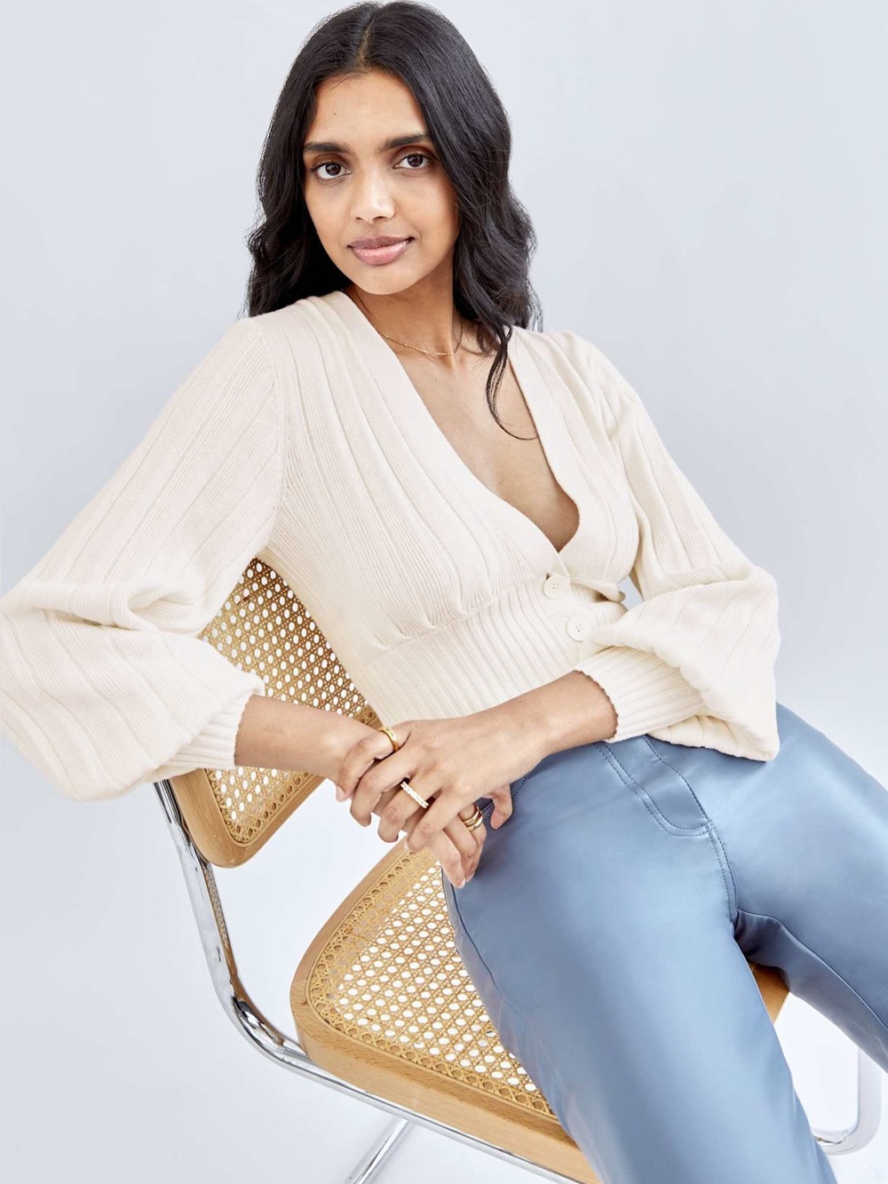Wilfred Plunge Front Cardigan Ribbed Merino Wool Cotton Ivory Cream White Tone L